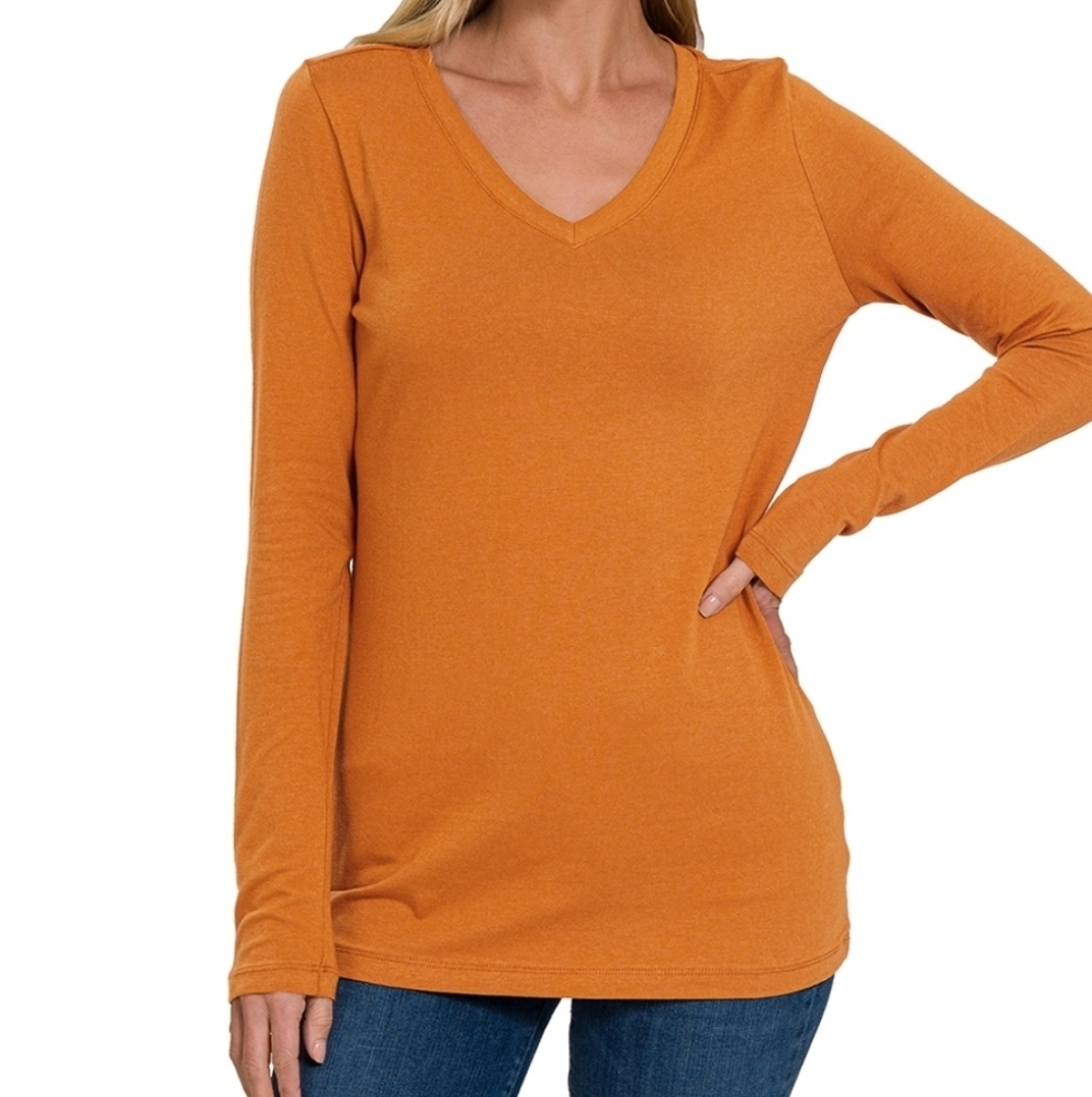 NEW Zenana Cotton v-neck long sleeve Tee ~ Almond - Picture 3 of 3